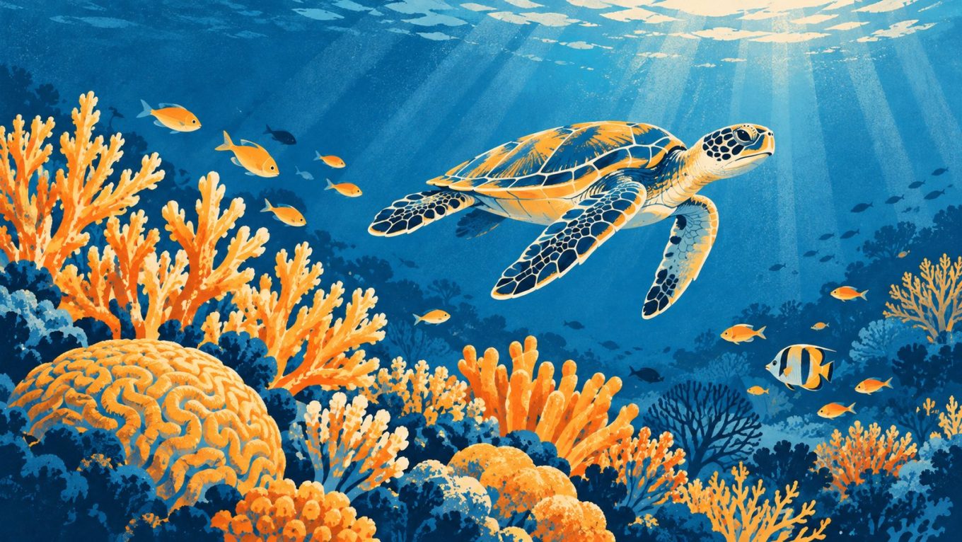 Illustration of a coral reef with a sea turtle, fish and light rays from above