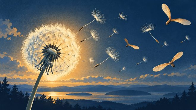 Illustration of dandelion seeds and winged maple seeds drifting on the wind at sunset