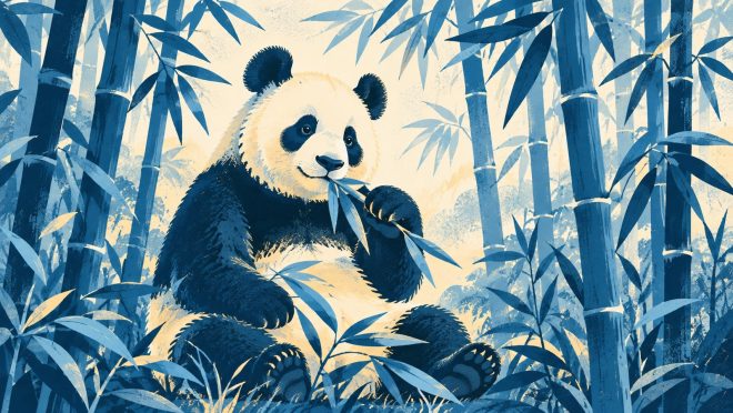Illustration of a giant panda sitting among bamboo and eating a leaf