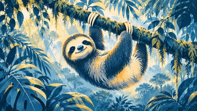 Illustration of a three-toed sloth hanging from a mossy rainforest branch