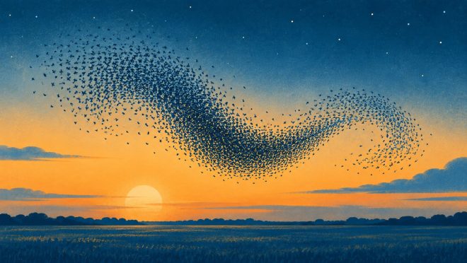 Illustration of a swirling starling murmuration over a field at dusk
